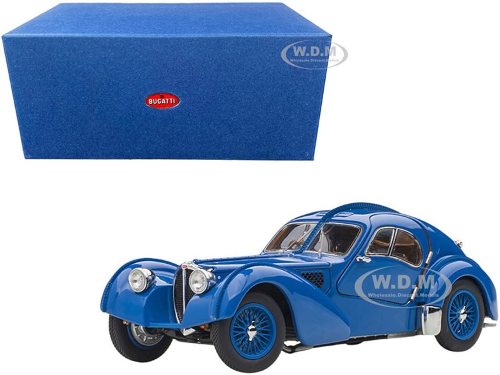 1938 Bugatti Type 57SC Atlantic with Metal Wire-Spoke Wheels Blue 1/43 Diecast Model Car by Autoart — merchant catalog photograph