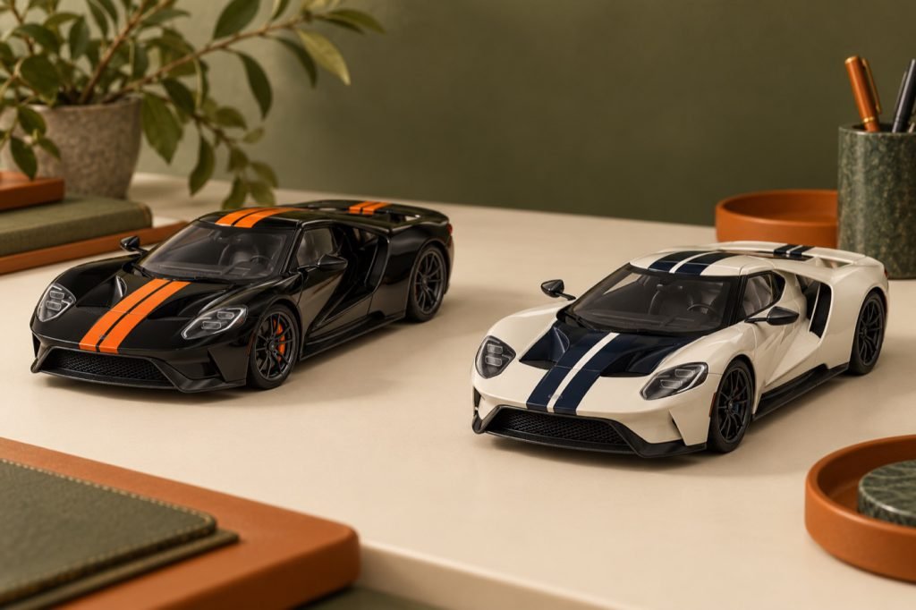 Conceptual illustration of contrasting modern Ford GT miniature editions