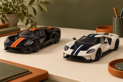 Conceptual illustration of contrasting modern Ford GT miniature editions