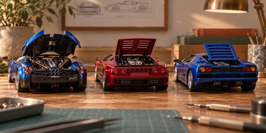 Conceptual illustration: European supercar models for an open engine display