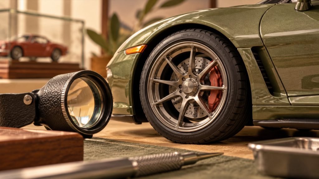 Conceptual illustration: Tire lettering and wheel detail: inspect them as separate features