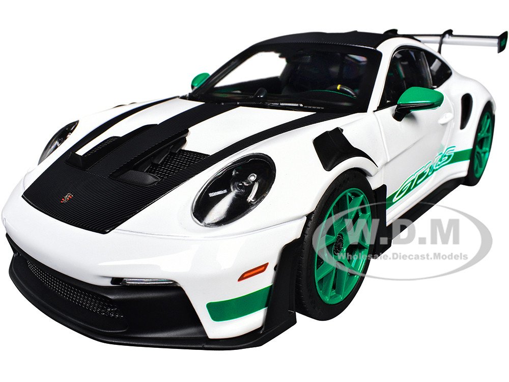 2022 Porsche 911 GT3 RS Weissach Pack White with Green Stripes And Carbon Hood and Top 1/18 Diecast Model Car by Norev
