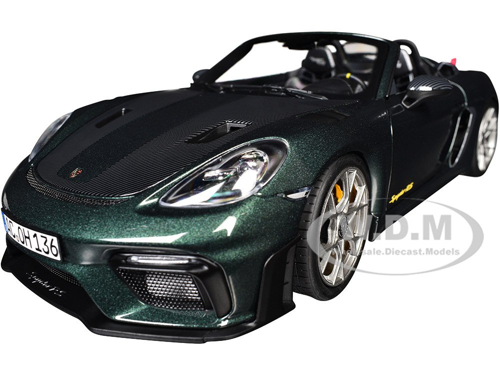 2023 Porsche 718 Spyder RS Weissach Pack Forest Green Metallic with Carbon Hood Stripes 1/18 Diecast Model Car by Norev
