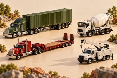 Conceptual illustration: Commercial diecast trucks for four distinct display roles