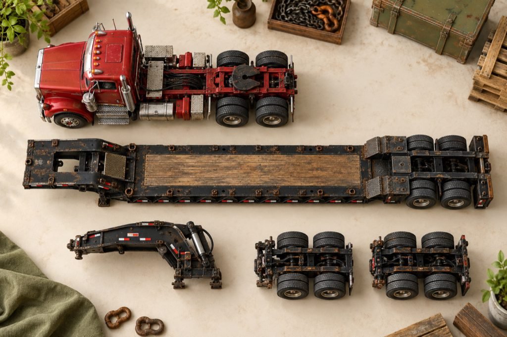 Conceptual illustration: Lowboy model parts: gooseneck, flip neck and axle boosters