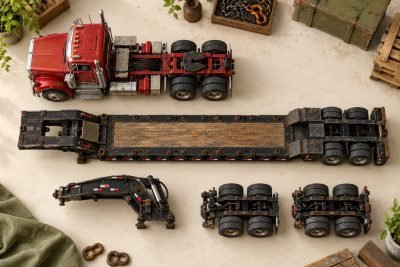 Conceptual illustration: Lowboy model parts: gooseneck, flip neck and axle boosters