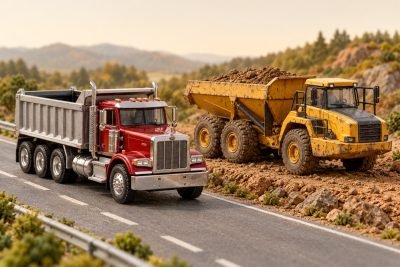 Conceptual illustration: Western Star 71067 vs weathered CAT 745 85704: road truck or site scene?