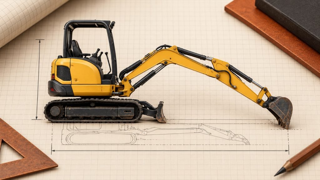 Conceptual illustration: An excavator folds lower but gets longer: measure both limits