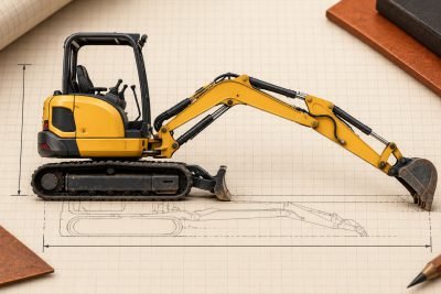 Conceptual illustration: An excavator folds lower but gets longer: measure both limits