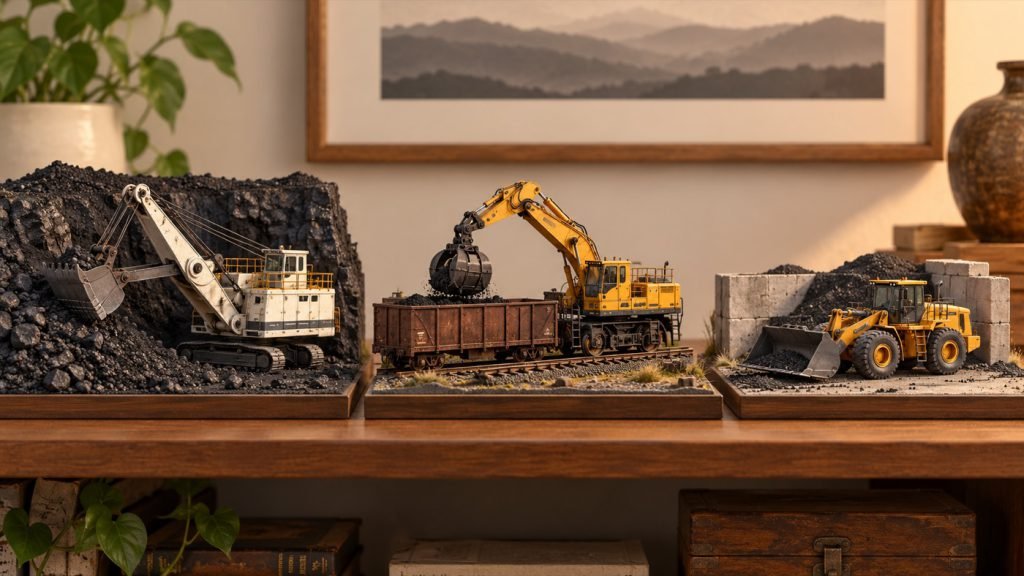 Conceptual illustration: Small-scale construction models for mining, rail and a loading yard