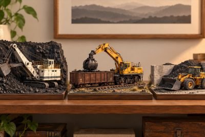 Conceptual illustration: Small-scale construction models for mining, rail and a loading yard