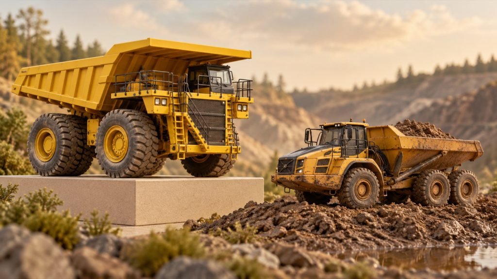Conceptual illustration: CAT 797F 85655 vs weathered 745 85704: mine centerpiece or articulated site hauler?