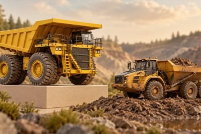 Conceptual illustration: CAT 797F 85655 vs weathered 745 85704: mine centerpiece or articulated site hauler?