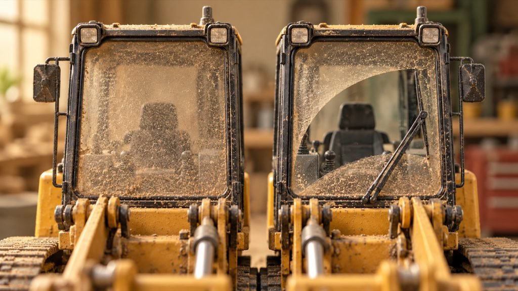 Conceptual illustration: Reading weathered cab windows: dust, wiper paths and the intended scene