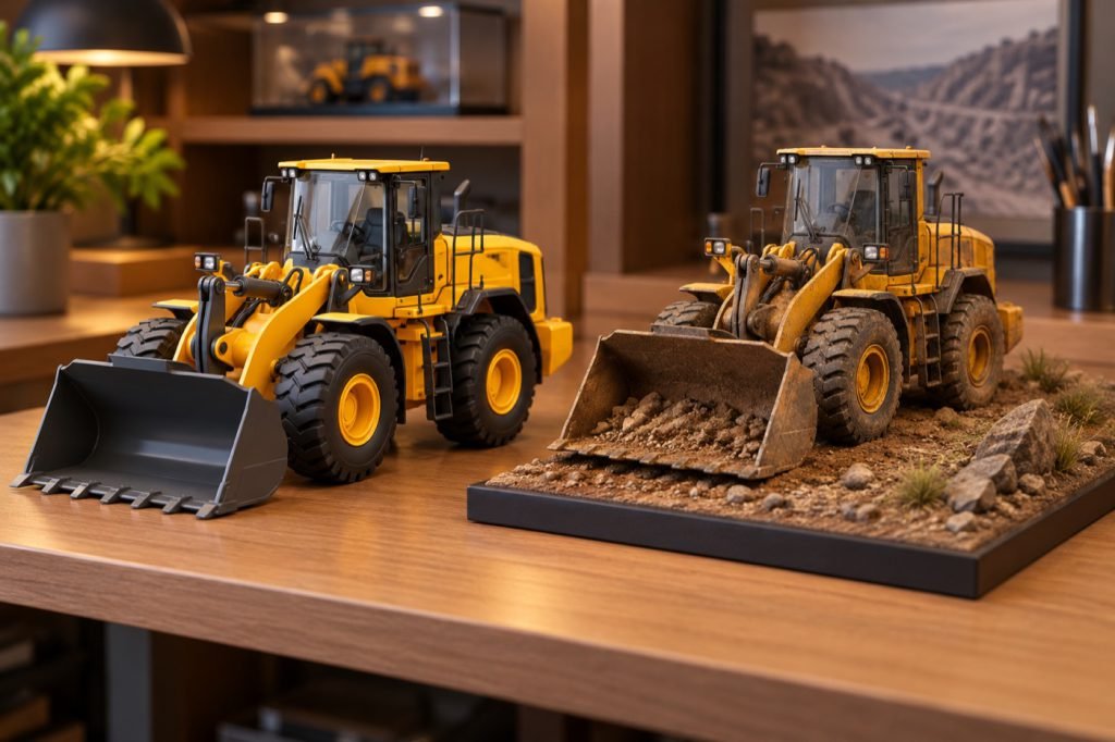 Conceptual illustration: CAT 966 GC 85682 vs weathered 966M 85703: loading pose or finished ground?