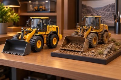 Conceptual illustration: CAT 966 GC 85682 vs weathered 966M 85703: loading pose or finished ground?