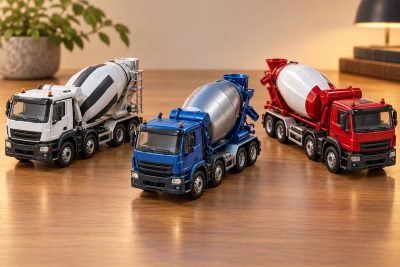 Conceptual illustration: Concrete mixer models for cab access, axle detail or a compact red truck