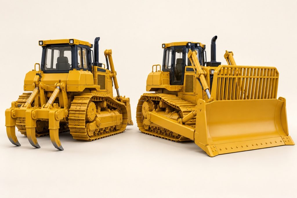 Conceptual illustration: CAT D8 85757 vs waste handler 85758: rear ripper or tall trash grille?