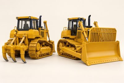 Conceptual illustration: CAT D8 85757 vs waste handler 85758: rear ripper or tall trash grille?