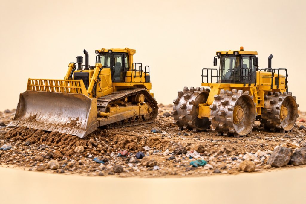 Conceptual illustration: Landfill model choices: tracked waste handler or toothed-wheel compactor?