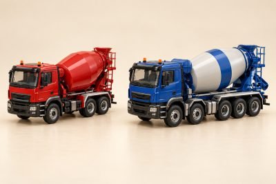 Conceptual illustration: Western Star 4700 71033 vs 4900 71075: compact red mixer or blue Bridgemaster?