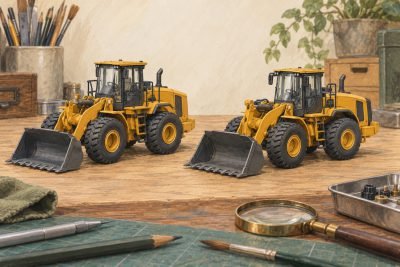 Conceptual illustration: CAT 966 85686 vs 966 GC 85682: cab controls differ, bucket limits do not