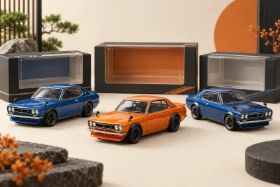 Illustration of miniature cars and collector display boxes.