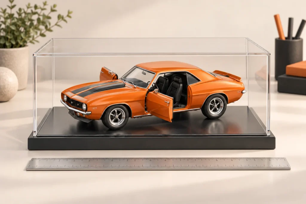 Illustration of a miniature coupe with open doors inside a display case.