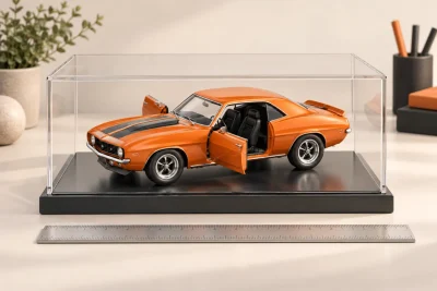 Illustration of a miniature coupe with open doors inside a display case.