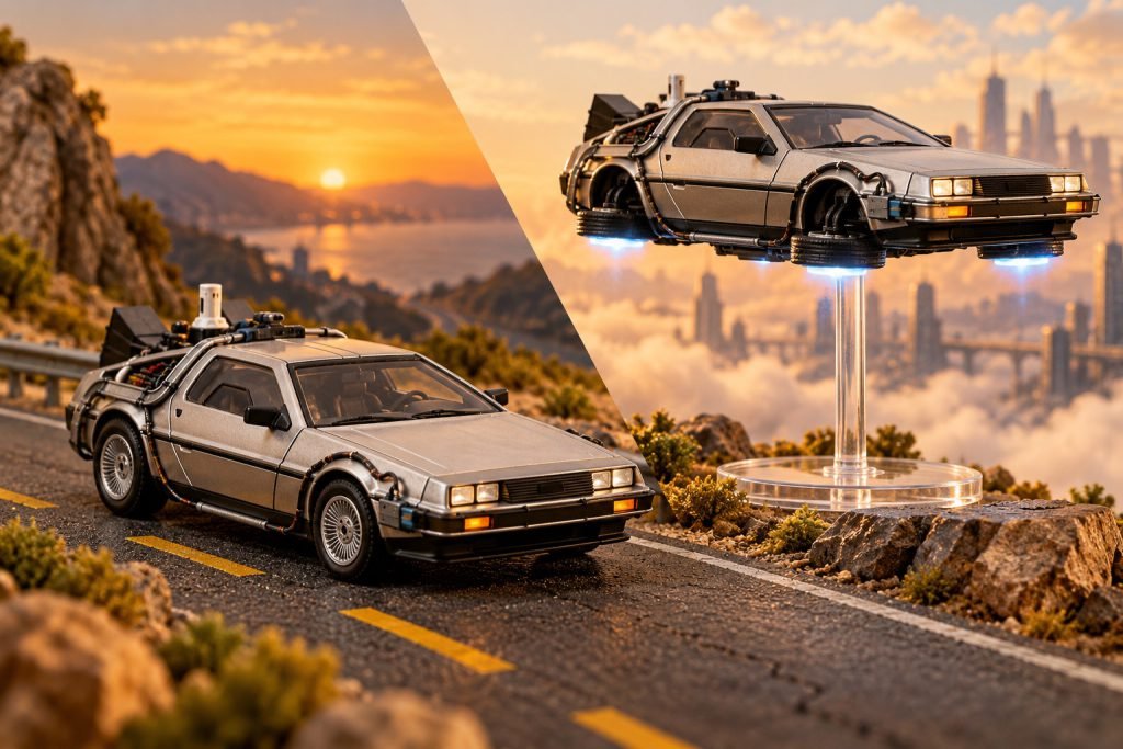 Editorial illustration: Jada 32911 vs 31468: road or flying DeLorean