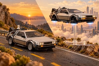Editorial illustration: Jada 32911 vs 31468: road or flying DeLorean