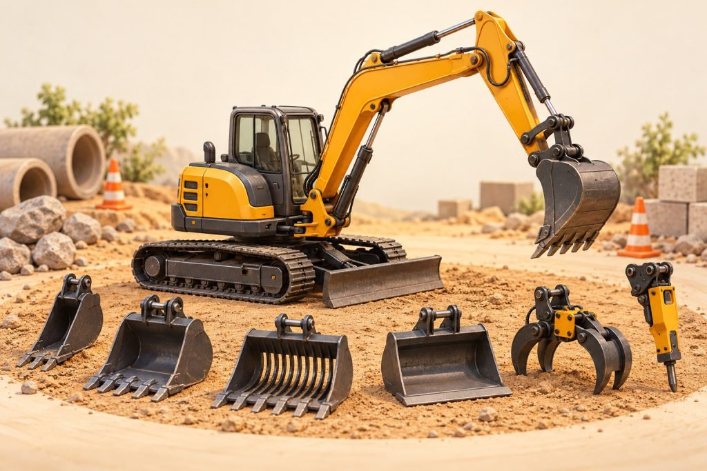 Editorial illustration: Checking tracks, boom reach and attachments on construction models
