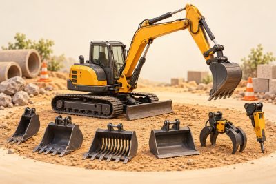 Editorial illustration: Checking tracks, boom reach and attachments on construction models