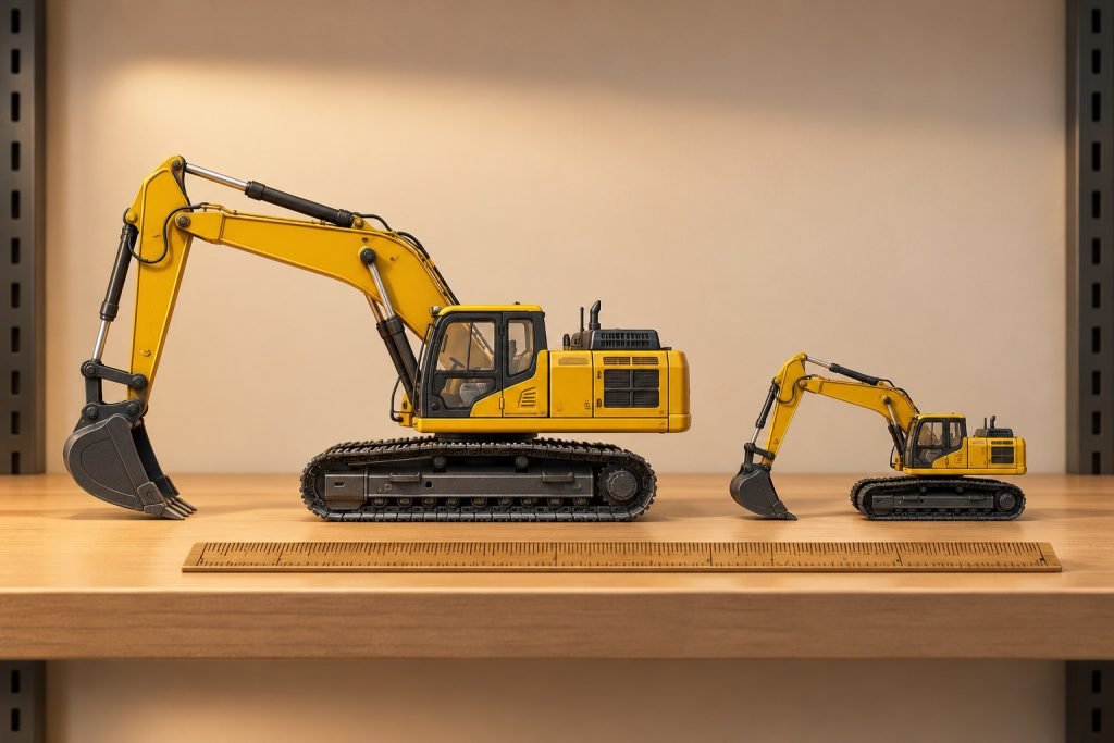 Editorial illustration: 1:50 or 1:87 construction models: choose a scale before buying