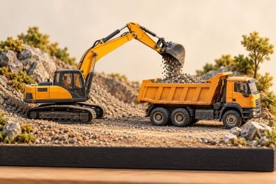 Editorial illustration: Plan an excavator-and-truck loading diorama that actually fits