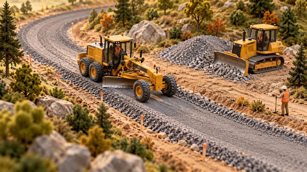 Editorial illustration: Plan a roadwork model scene around a grader or dozer