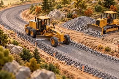 Editorial illustration: Plan a roadwork model scene around a grader or dozer