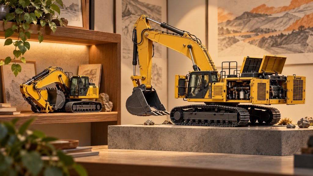 Editorial illustration: CAT 352 85792 vs CAT 395 ME 85959: parked display or added access?