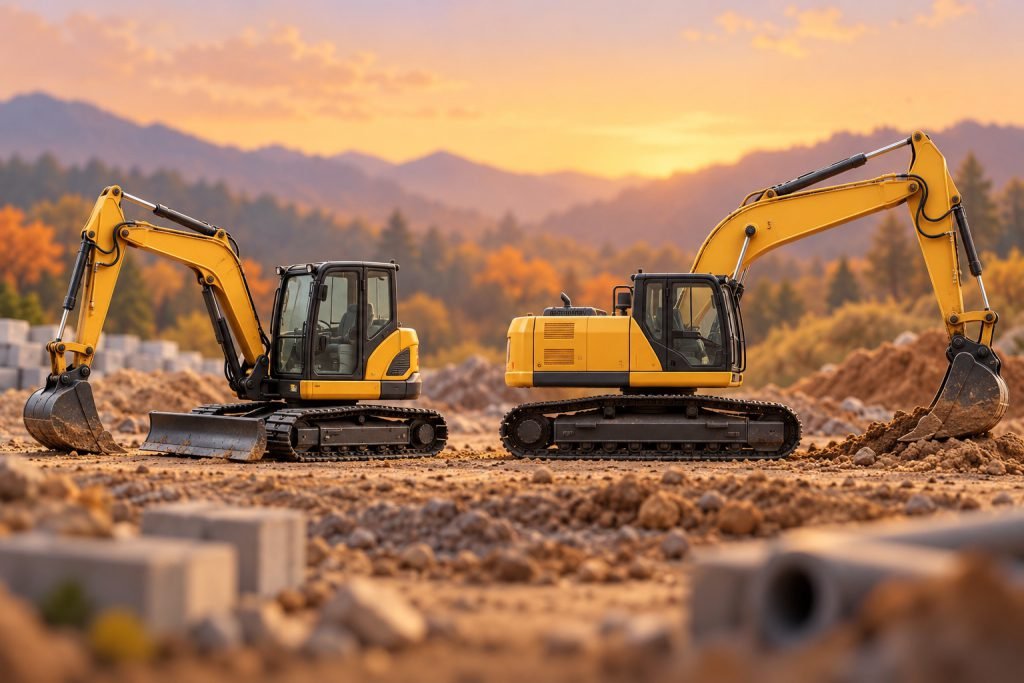 Editorial illustration: CAT 335F 85925 vs CAT 320 GC 85570: blade-equipped or conventional excavator?