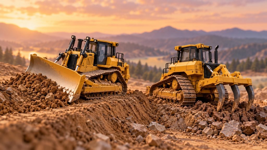 Editorial illustration: CAT D6 XE LGP 85554 vs CAT D8 85757: angled blade or rear ripper?