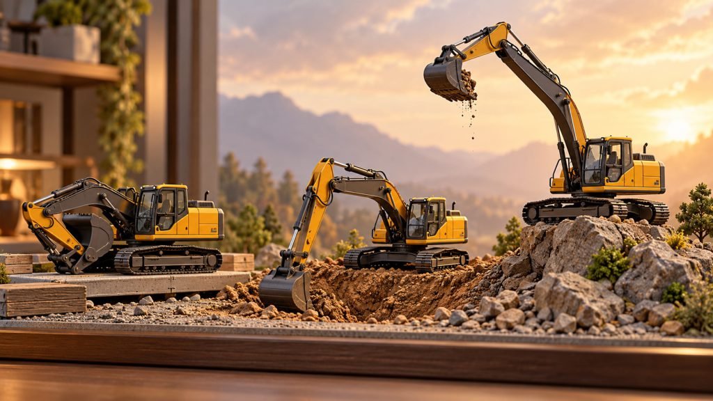 Editorial illustration: Best Diecast Masters 1:50 excavators for different display poses