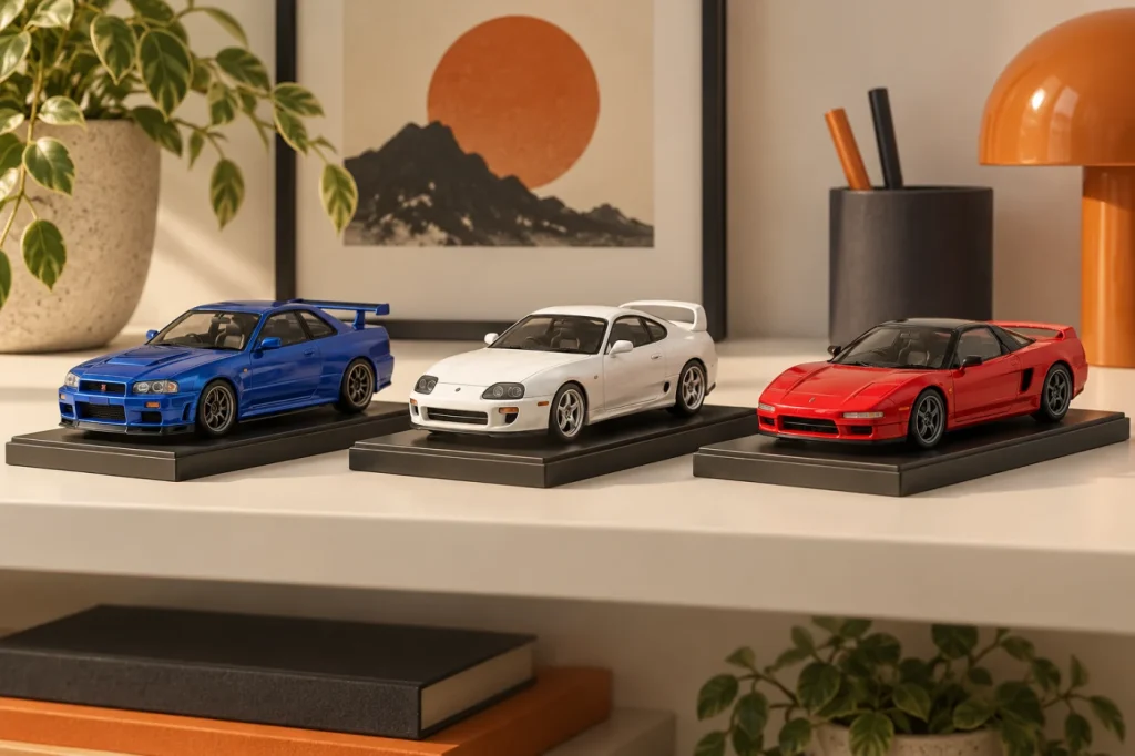 Illustration of three Japanese performance-car miniatures on display bases.