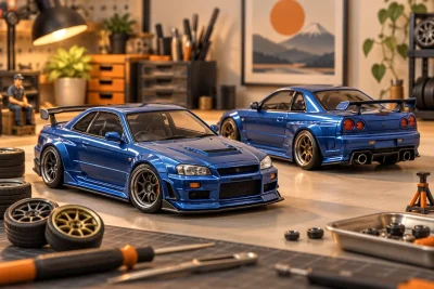 Illustration of two blue performance-car miniatures with different body details.