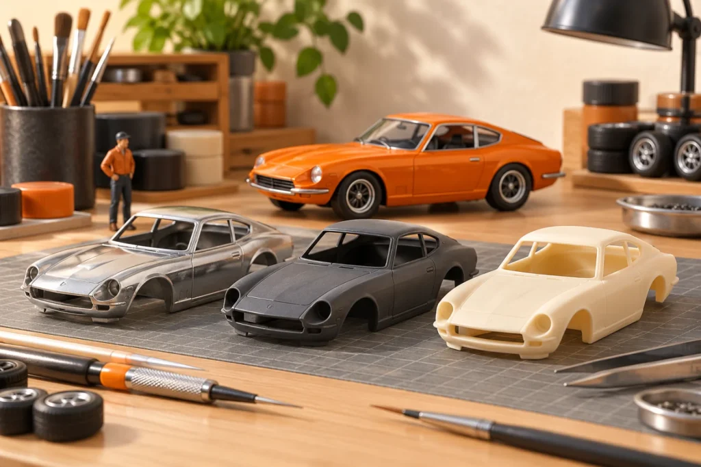 Illustration of model-car body shells representing different materials.