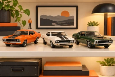 Illustration of three muscle-car miniatures on a collector shelf.