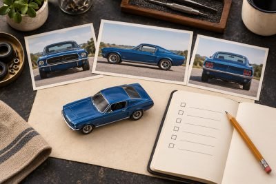 Editorial illustration of a blue Mustang miniature beside reference views and a matching checklist